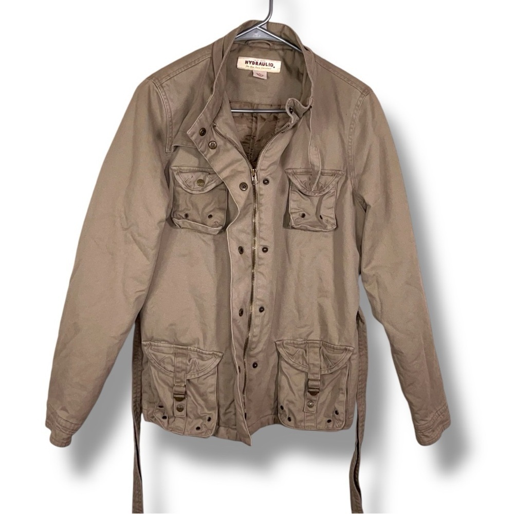 Large Hydraulic Khaki Beige Cargo Pockets Belted Jacket Womens